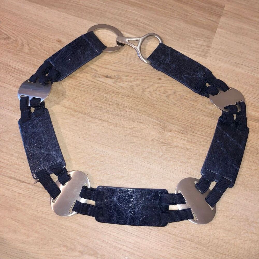CHICO’S LEATHER ELASTIC & EXPANSION STRETCH BLUE SILVER BELT WOMENS SIZE MEDIUM